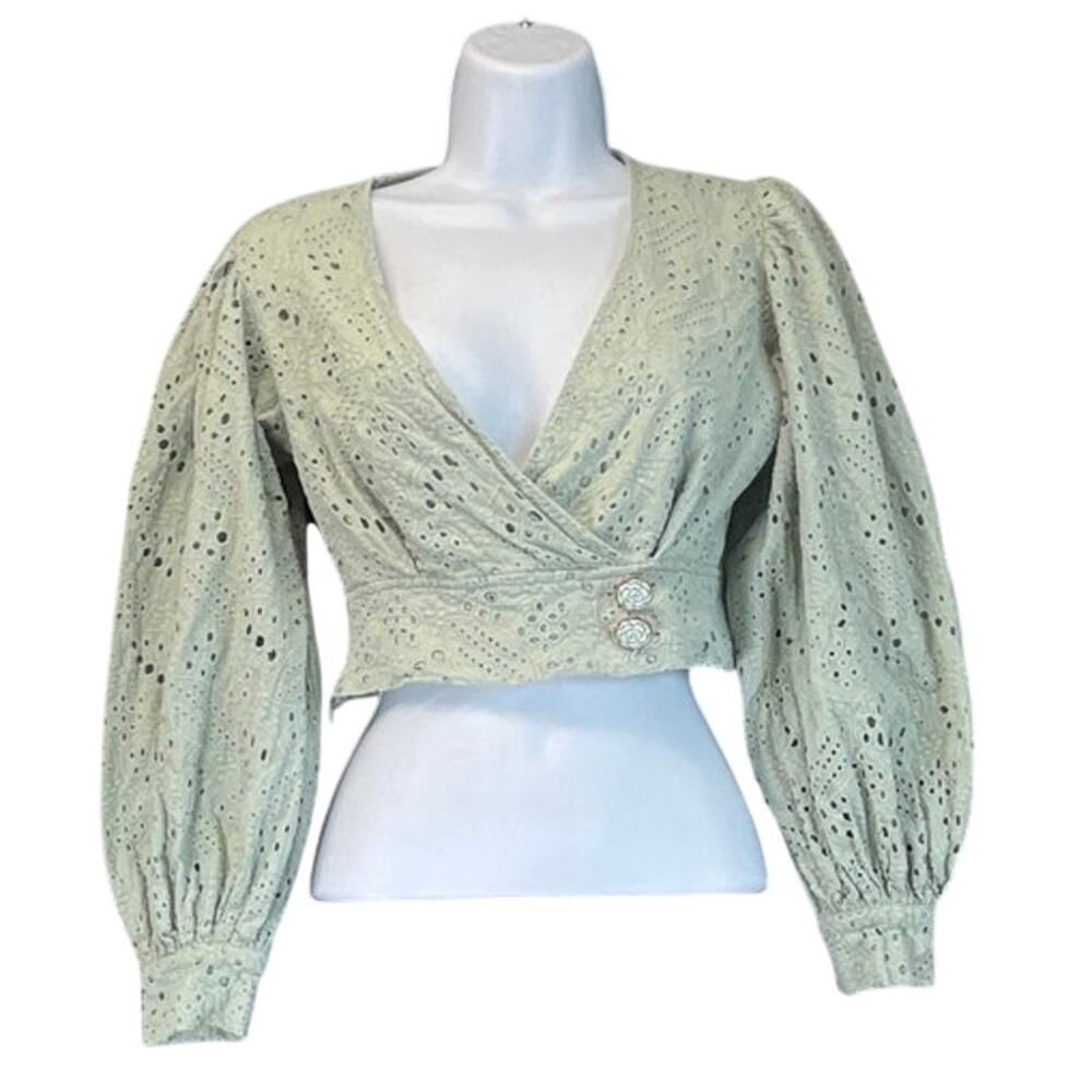 Muy Muy Womens S Light Green Eyelet 100% Cotton V Neck Long Sleeves Crop Top